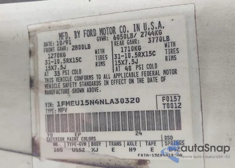 1992 Ford Bronco U100 from USA, damaged, VIN 1FMEU15N4NLA30320